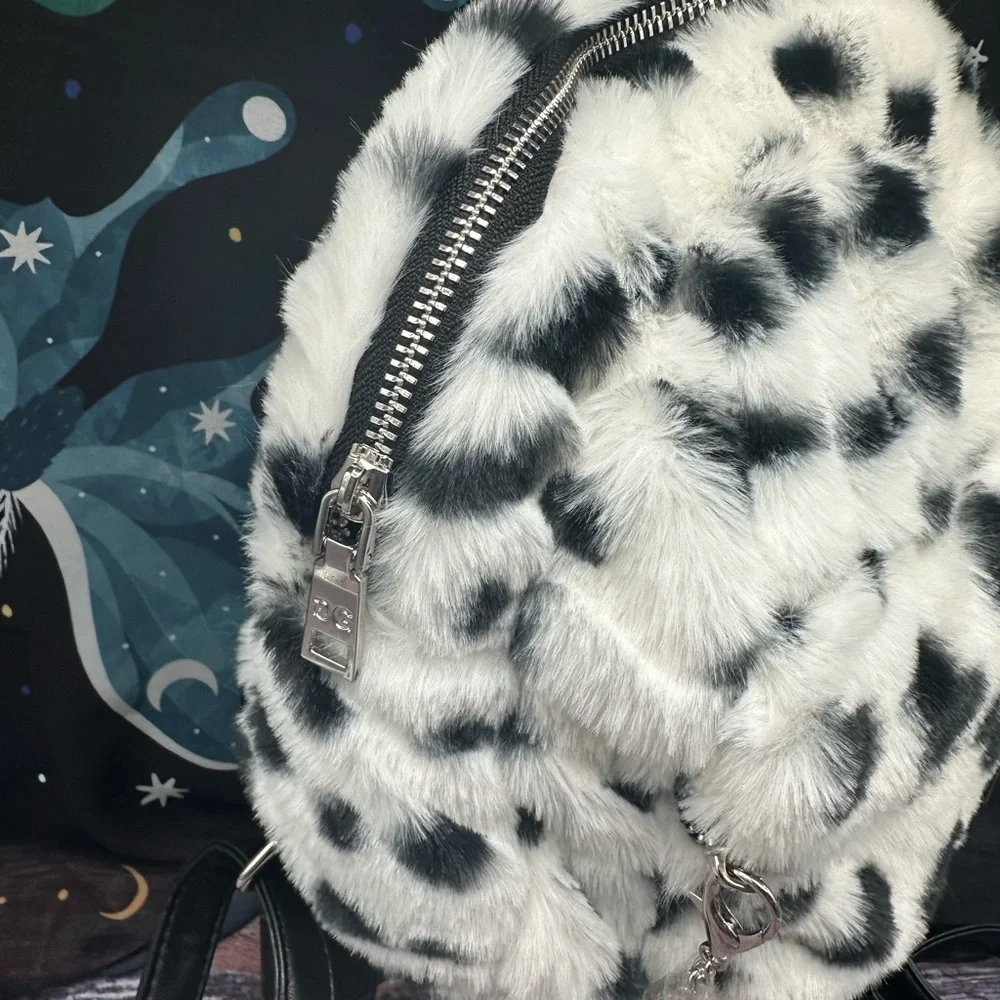 GILDA PARIS | Plush Fur Animal Print Spotted Mini Backpack with Charms NWT